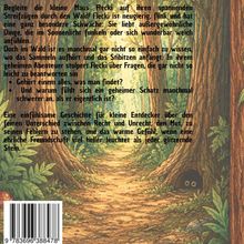 Text über die Abenteuer der Maus Flecki im Wald. Hintergrund zeigt eine Illustration eines Waldpfades mit Bäumen und Blättern.