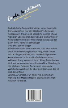 Die Texte auf dunklem Hintergrund: Titel "Danke, Arschlöcher 2", gefolgt von einem Text über Romys ungeplante Schwangerschaft. Barcode unten.