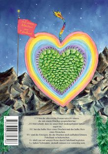 Text: "Inkl. einem Märchen aus Fabelland".

Illustration eines grünen Herzes aus Schuppen, umgeben von einem Regenbogen. Im Hintergrund Berge.