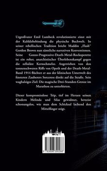 Text über Emil Lumbeck und Maddin "Flash" Gordon Brown. Oben eine blaue E-Gitarre. Unten ein Barcode.