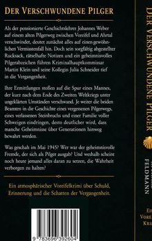 Ein Text beschreibt einen Kriminalroman über das Verschwinden eines Geschichtslehrers auf einem Pilgerweg, voller Geheimnisse und Schatten der Vergangenheit. Enthält die Fragen: Was geschah im Mai 1945? Wer war der Fremde?