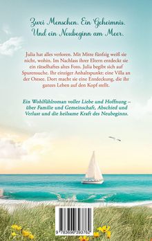 Ein Wohlfühlroman über Liebe, Hoffnung, Familie und Neubeginn. Boot auf Meer, helle Farben, Wiese mit gelben Blumen.