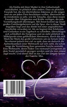 Ein Text erzählt von Emilia, die Geheimnisse aufdeckt. Im Hintergrund sieht man einen lila Himmel mit einem Herzmotiv.