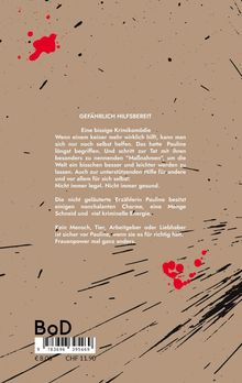"Gefährlich hilfsbereit" über eine bissige Krimikomödie. Beige Hintergrund, schwarze und rote Flecken, BoD-Logo.