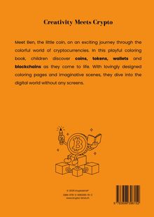 "Creativity Meets Crypto" steht über einem Text über Ben, eine Münze. Unten eine Illustration: Bitcoin-Münze mit Stift und Buch.