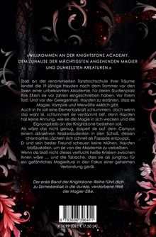 „Willkommen an der Knightstone Academy, dem Zuhause ...“ - Beschreibung über Magie, Akademie und Protagonistin Hayden. Ornamentale Verzierungen in dunklen und roten Tönen.