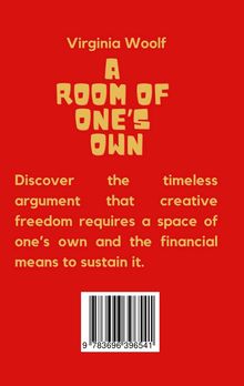 Titel: "A ROOM OF ONE'S OWN" von Virginia Woolf. Text über kreativen Freiraum und finanzielle Mittel. Roter Hintergrund. Barcodesymbol.