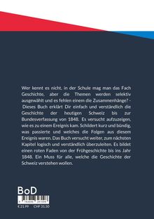 Ein Text beschreibt ein Buch über die Schweizer Geschichte bis zur Verfassung von 1848. Unten steht "BoD" und der Preis.