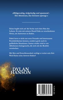 Zitat: »Bildgewaltig, tiefgründig und spannend - Ein Abenteuer, das Grenzen sprengt.« Text beschreibt Dylans Suche. Oben blauer Verlauf, unten schwarz mit gelbem Nebel und Barcode. Name: Dylan Hanson.