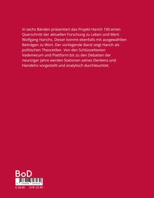 Ein roter Hintergrund mit weißem Text über Wolfgang Harichs Bedeutung als politischer Theoretiker. Unten BoD-Logo.