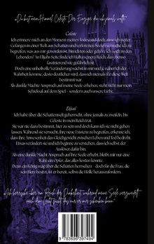 Violetter Hintergrund mit gotischem Schloss. Texte über Celeste und Elijah erzählen von Tod, Liebe und dunklen Mächten.