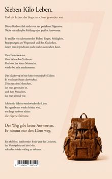 Text über das Finden der eigenen Stimme und den Jakobsweg. Am unteren Rand ist ein brauner Rucksack abgebildet.