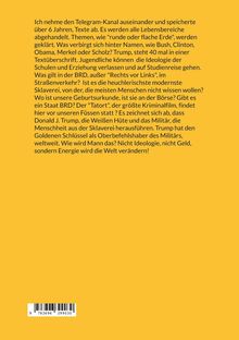 Text über Telegram-Kanal, Verschwörungstheorien, Trump, und die Veränderung der Welt durch Energie. Gelber Hintergrund.