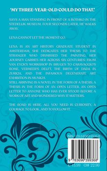 Blaue Fläche mit schwarzem, ornamentalen Muster. Text: 'MY THREE-YEAR-OLD COULD DO THAT.' Beschreibung einer Kunstreise.
