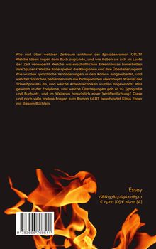 Der Text behandelt die Entstehung und Themen des Romans GLUT. Unten ist eine Flammenillustration und es gibt einen Barcode.