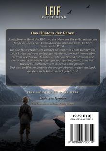 Text: "Das Flüstern der Raben", "Thorsten Renner", "Für Leser ab 8 Jahren". 

Ein Junge schaut auf ein nebliges Bergtal mit einem Raben.