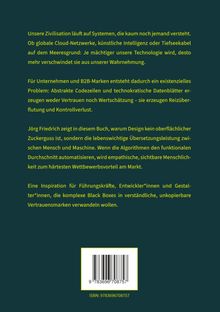 Ein Text beschreibt die Unsichtbarkeit technologischer Systeme und das Bedürfnis nach designverständlichem Vertrauen. Unten ist ein Barcode.