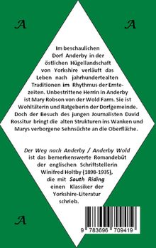 Grünes, rautenförmiges Layout mit Text über das Dorf Anderby in Yorkshire und Roman von Winifred Holtby. Barcodesymbol unten.