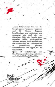 Text über die Energie von Menschen in Unternehmen und den Einfluss von Selbstfürsorge. Schwarze Spritzer, rote Tropfen.