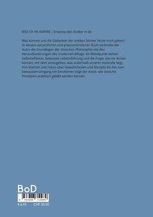 "RISE OF AN EMPIRE – Erwecke den Stoiker in dir." Blaues Cover mit Text über stoische Prinzipien und Lebensführung. Unten links: BoD.
