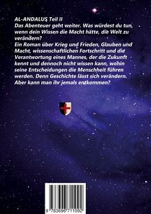 Text über "AL-ANDALUS Teil II", ein Roman über Krieg, Frieden und Verantwortung. Hintergrund: Sternenhimmel, kleines Wappen.