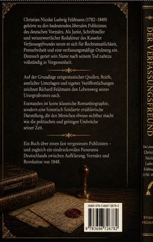 Text über Christian Nicolai Ludwig Feldmann, dessen Wirken und ein Buch, das sein Leben und die deutsche Geschichte beschreibt. Links unten historische Briefe und ein Stempel. Rechts Buchrücken mit Titel.