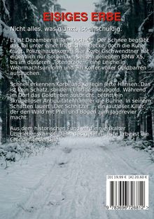 Titel: Eisiges Erbe. Beschreibung: Ein Waldweg im Schnee, umrahmt von verschneiten Bäumen. Preisangabe unten rechts.