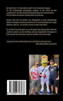 Text über FC Union Berlin in der Champions League und Reisegruppe. Darunter ein Foto mit zwei Personen und einem maskierten Charakter.