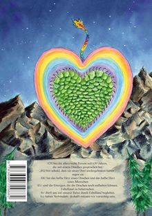 Text: Eindringliche Botschaft über Drachen und Abenteuer. Illustration: Herz mit Schuppen, Regenbogenfarben, Berge und Bäume.