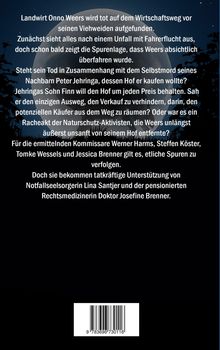 Ein Text beschreibt einen Kriminalfall um den toten Landwirt Onno Weers, Ermittlungen und Verdächtigungen. Im Hintergrund der Mond.