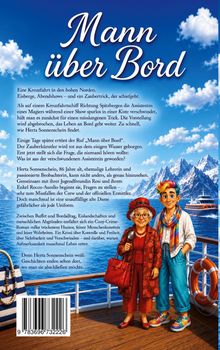 Titel: „Mann über Bord“. Zwei Personen auf einem Schiff: Eine ältere Frau mit Lupe, junger Mann bunt gekleidet, Ozean, Berge.