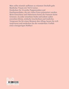Text über das Finden von Freude in antiken Puppenstuben, mit Fokus auf Fantasie und alten Kaufmannsläden. Unten Preisangaben.