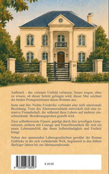 Text beschreibt den Mut der Romanprotagonistinnen Irene und Friederike. Im Hintergrund: ein elegantes Haus mit blauen Dach.