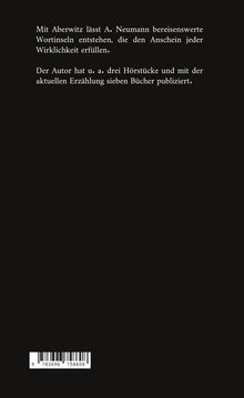 Text beschreibt A. Neumanns Werke, darunter Hörstücke und sieben Bücher. Schwarzer Hintergrund mit weißem Text. Strichcode am unteren Rand.