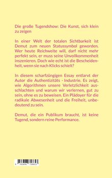 Gelber Hintergrund mit rotem Text. Essay über Demut als Statussymbol und Authentizität in der modernen Welt. Barcode unten.