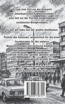 Ein Text beschreibt nostalgisch vergangene Zeiten der Kaufhäuser. Darunter eine Bleistiftzeichnung einer Straßenszene.