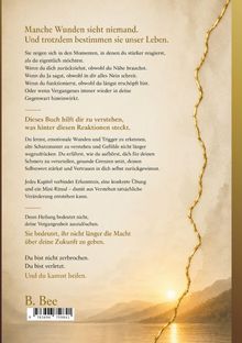Rückseite eines Buches mit Text über unsichtbare Wunden und Heilung. Unten links ein Barcode. Im Hintergrund eine Sonnenuntergangsszene.