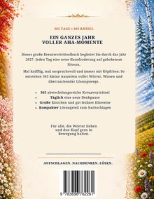 Ein Kreuzworträtselbuch für 2027. Bietet tägliche Herausforderungen und Lösungen. Mit bunten, blumigen Rändern.