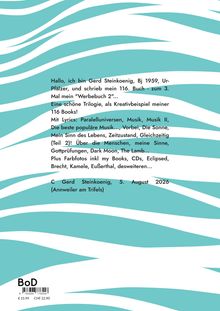 Texte sprechen über Gerd Steinkoenig und sein 116. Buch, inklusive Themen und Lyrics. Hintergrund: türkis-weiße Streifen.