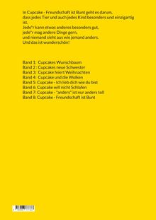 Text über Einzigartigkeit und Liste mit Büchertiteln der "Cupcake"-Reihe auf gelbem Hintergrund.