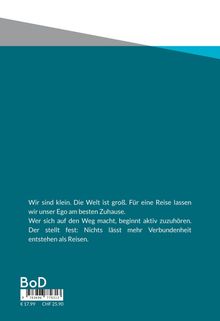 Text über Reisen und Verbundenheit. Preisangaben: €17.99, CHF 25.90. Blau-weißes Layout mit grauem und türkisfarbenem Streifen.