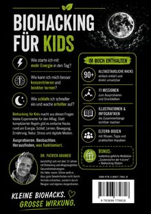 Werbetext für ein Buch: "Biohacking für Kids", bietet Tipps zu Energie, Konzentration, Schlaf; enthält Hacks und Missionen.