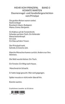Text mit Buchdetails: "MEHR VOM PRINZIPAL BAND 3 KONNTE WARTEN... Empfohlenes Lesealter: ab 18 Jahren." Auf weißem Hintergrund.