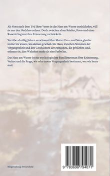 Text über Nora, die nach dem Tod des Vaters zurückkehrt und Erinnerungen im Haus am Wasser entdeckt. Hintergrund: unscharfes Gemälde.