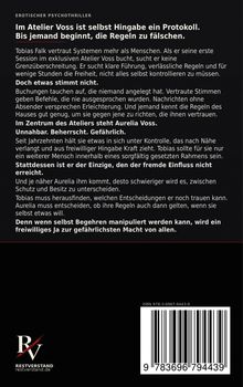 Ein Text beschreibt einen erotischen Psychothriller über das Atelier Voss, Regeln, Kontrolle und Manipulation. Logo unten links.