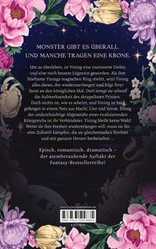 Text: "Monster gibt es überall. Und manche tragen eine Krone."

Eine dramatische Beschreibung von Yining, einer Diebin im königlichen Hof. Blumenrahmen.