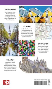 Texte: INSPIRIEREN, PLANEN, ENTDECKEN, ERLEBEN. Bilder: Kubushäuser, Kanal mit Kirche, Tulpen, Karte, Kathedrale. Logo: DK.