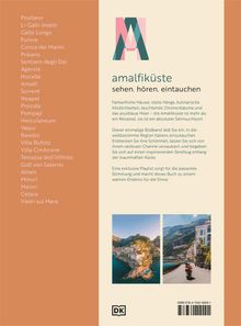 Ein Text beschreibt die Amalfiküste und lädt zum Eintauchen ein. Links eine Liste mit Orten. Zwei Fotos von Küstenlandschaften.