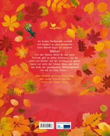 Texte: "Im bunten Herbstwald raschelt und knistert es... das Glück der kleinen Dinge."
Illustration: Herbstblätter, kleiner Bär mit Blätterkrone, Magellan-Logo.