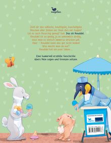Ein lustiger Text über das Häschen Knuddel, das Umarmungen nicht mag. Eiswagen mit Pinguin und Hase mit mehreren Eistüten.